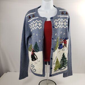 Reference Point M Cardigan Blue Off White Sweater Winter Snow Ice Skaters